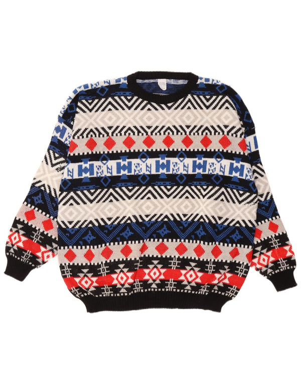 Vintage hombres cuello redondo jersey suéter grande multicolor lana geométrica