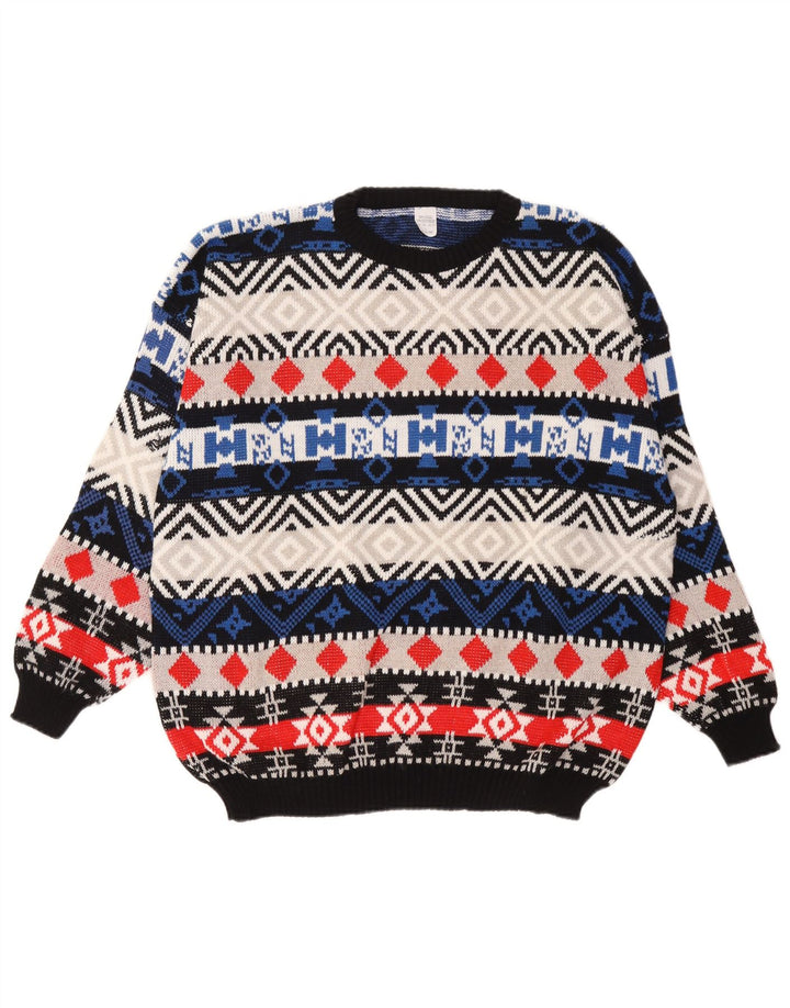 Vintage hombres cuello redondo jersey suéter grande multicolor lana geométrica