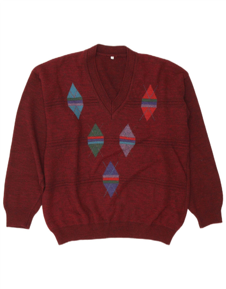 VINTAGE Mens V-Neck Jumper Sweater IT 48 Medium Burgundy Argyle/Diamond