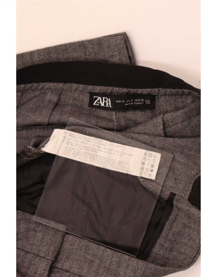 Zara Mujer Pantalón De Traje Recto Small W26 L26 Gris Espiga Poliéster