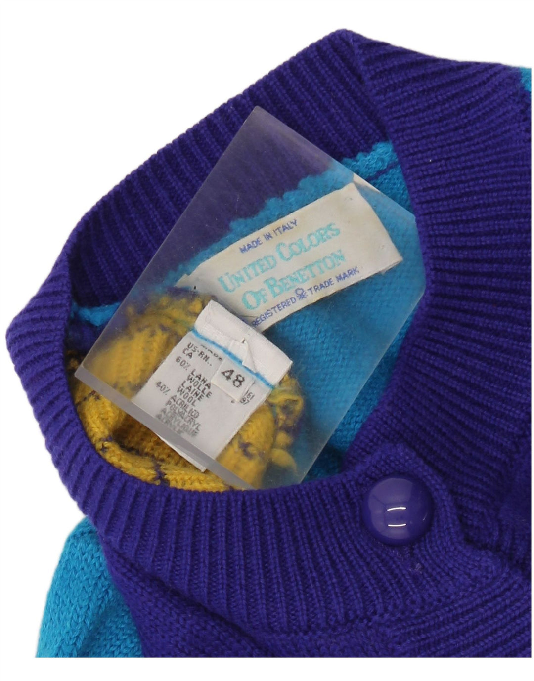 Benetton Cárdigan Corto De Invierno Mujer IT 48 XL Lana Color Block Azul