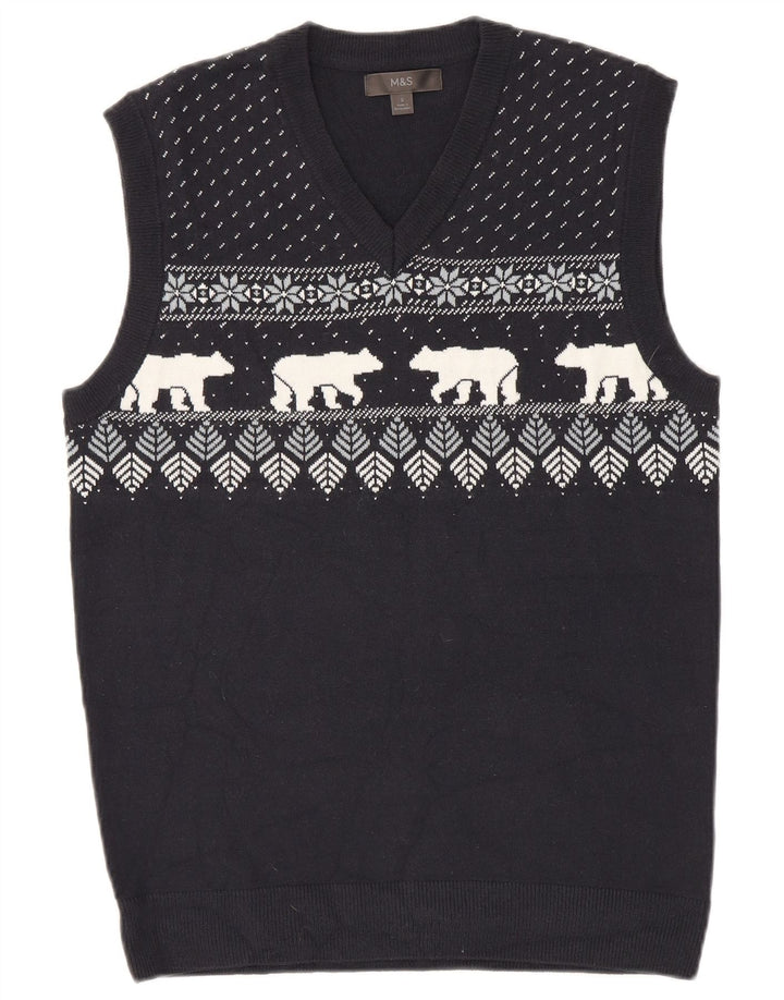 Marks & Spencer Chaleco para hombre Camiseta sin mangas Pequeña Azul marino Fair Isle Acrílico
