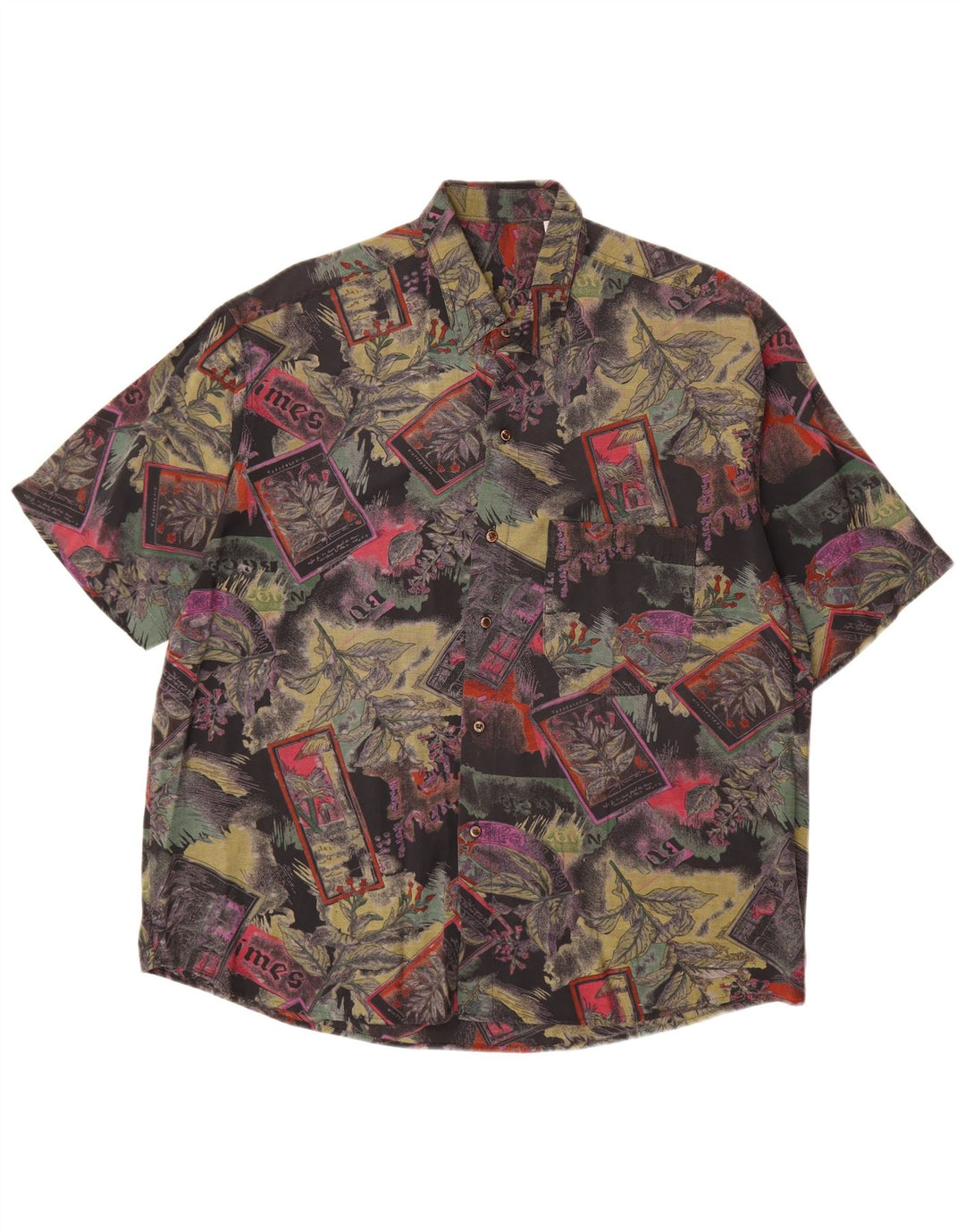 VINTAGE Camisa Manga Corta Hombre XL Viscosa Floral Multicolor
