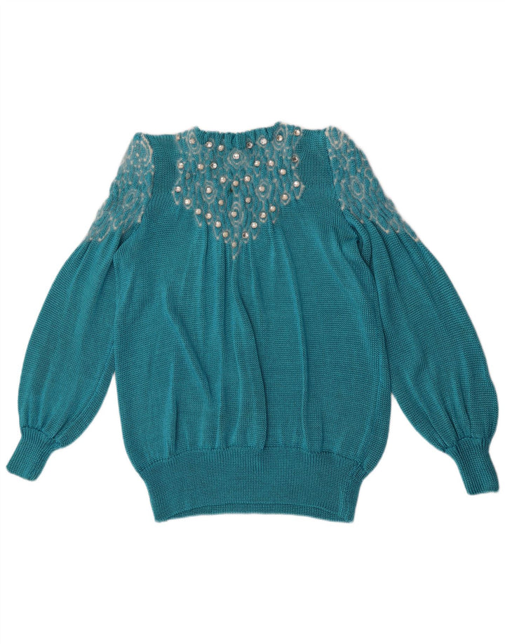 Vintage mujeres patrón abstracto cuello redondo jersey suéter Reino Unido 14 azul grande