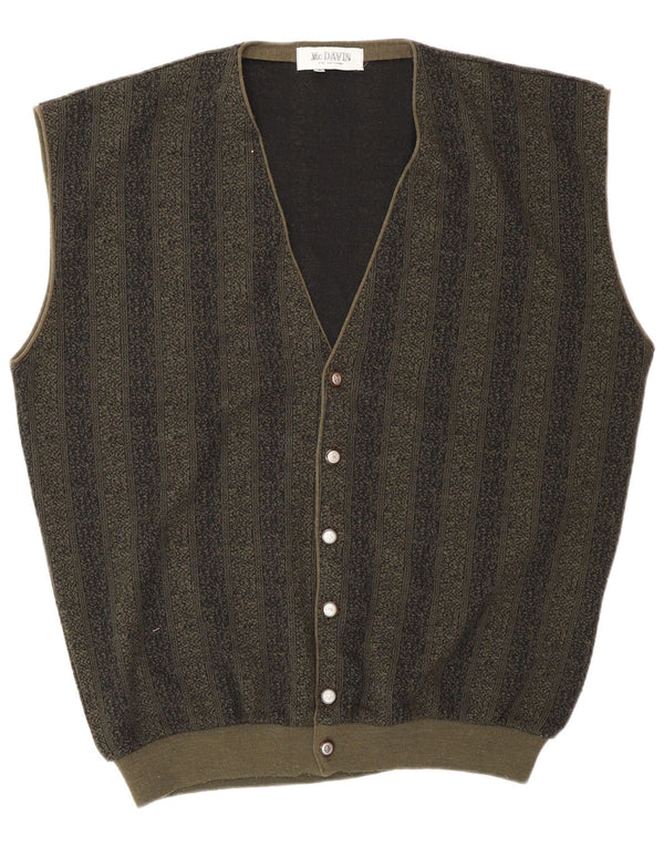 McDavis Mens Loose Fit Sleeveless Cardigan Sweater Small Khaki Striped Wool