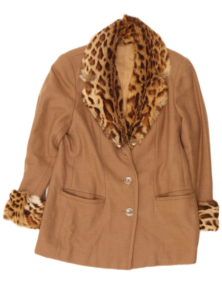 Vintage mujer abrigo corto Reino Unido 14 medio beige animal print