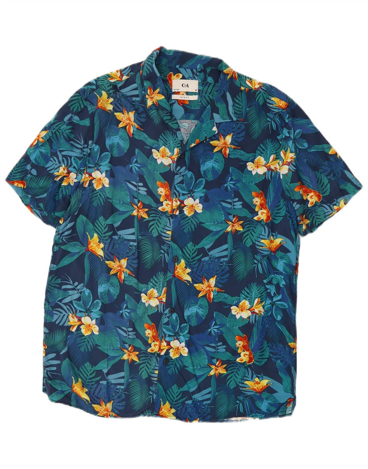 C&A Camisa Slim Fit De Manga Corta Para Hombre Azul Medio Floral Viscosa Hawaiana