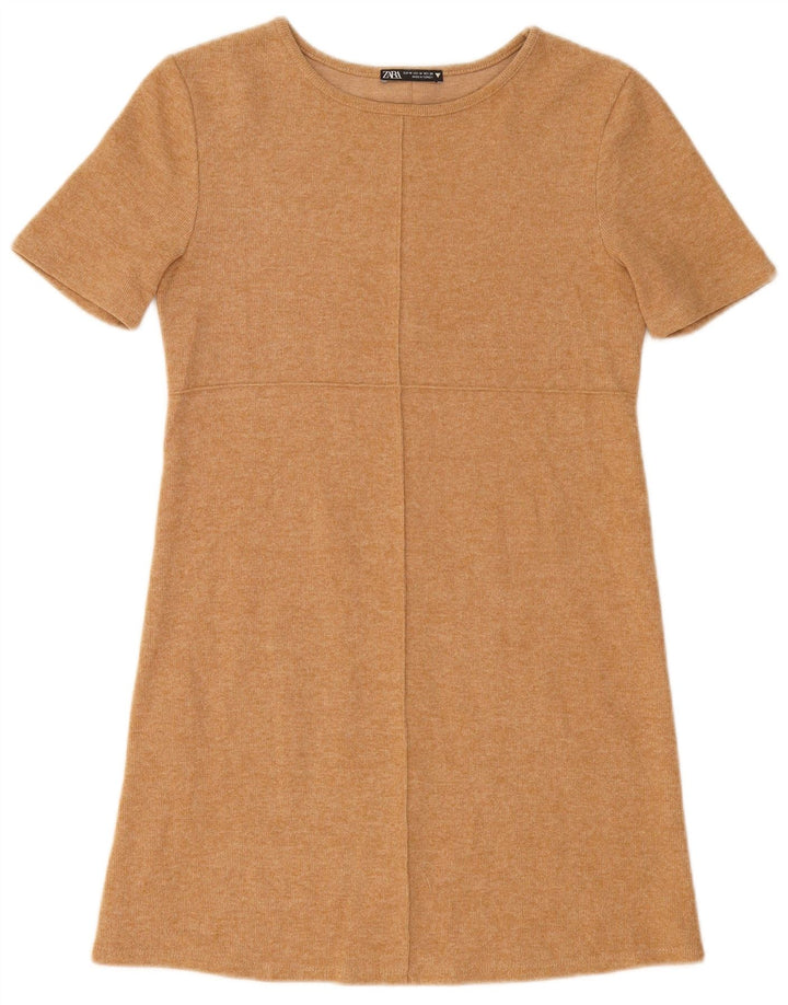 ZARA Mujer Vestido Jersey De Manga Corta UK 42 Medium Beige