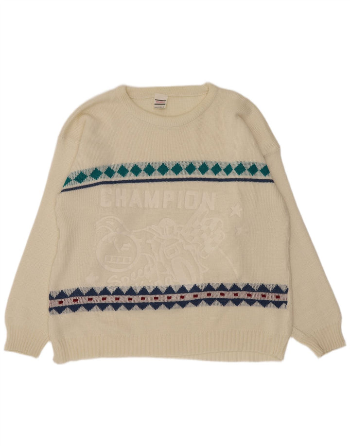Vintage hombres barco cuello jumper suéter grande de blanco Argyle/Diamond