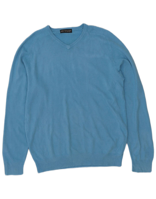 Marks & Spencer Suéter con cuello en V y autógrafo para hombre, acrílico azul pequeño
