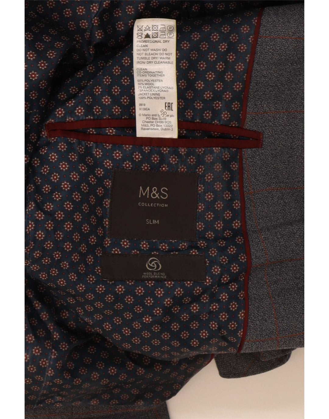 Marks & Spencer Chaqueta tipo blazer entallada con 2 botones para hombre UK 36 Small Blue Check