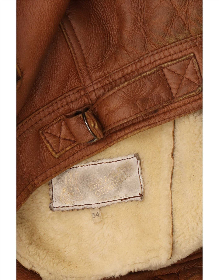 Chaqueta de piel de oveja vintage para hombre IT 54 2XL cuero marrón