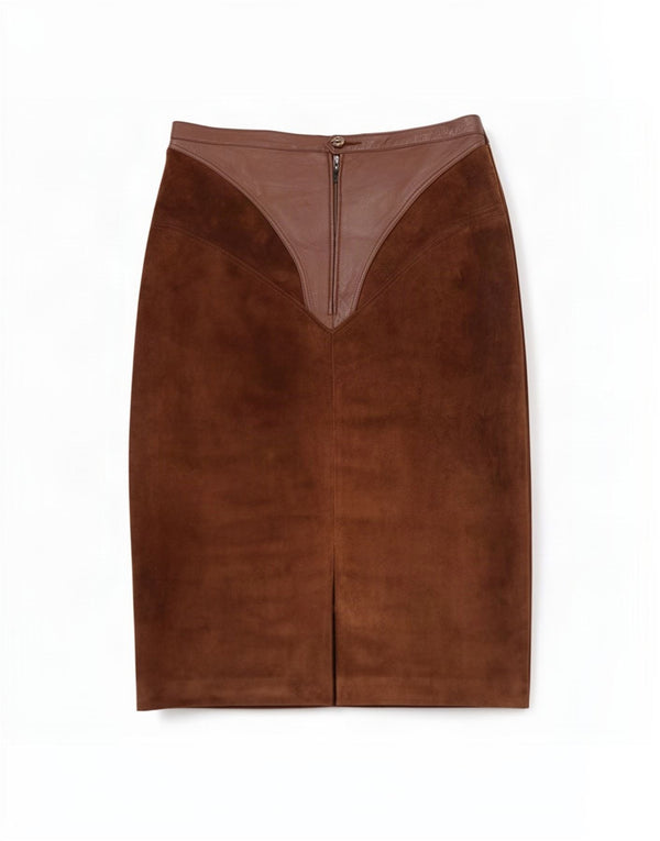 Vintage mujer ante pareo falda mediana W28 marrón colorblock