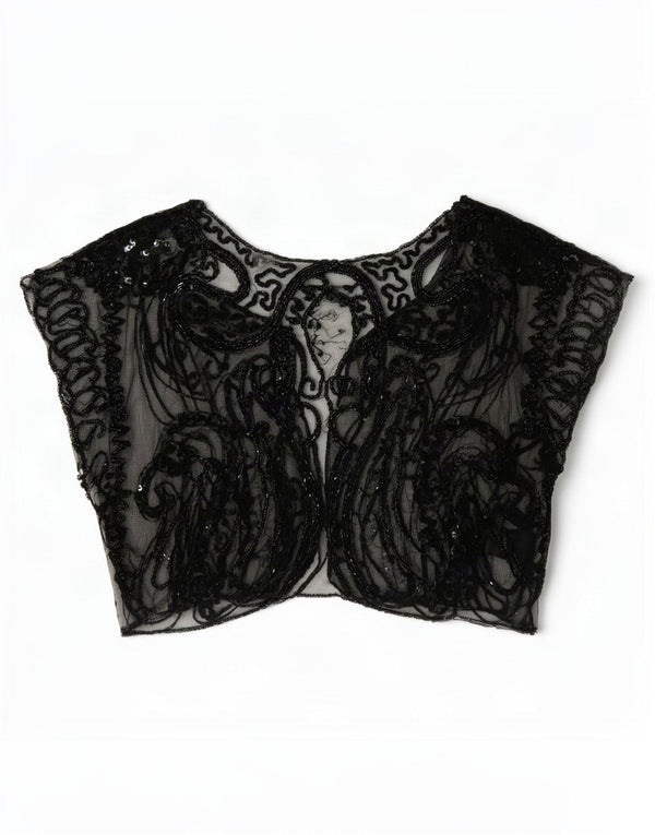 Vintage mujeres crop sin mangas ver a través de top Reino Unido 8 pequeño negro Paisley