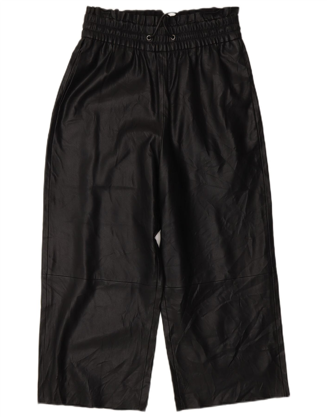 ZARA Mujer Pantalón Crop Wide Leg De Piel Sintética XS W25 L20 Negro