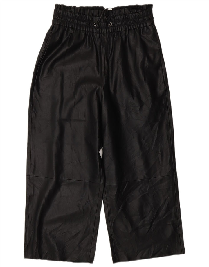 ZARA Mujer Pantalón Crop Wide Leg De Piel Sintética XS W25 L20 Negro