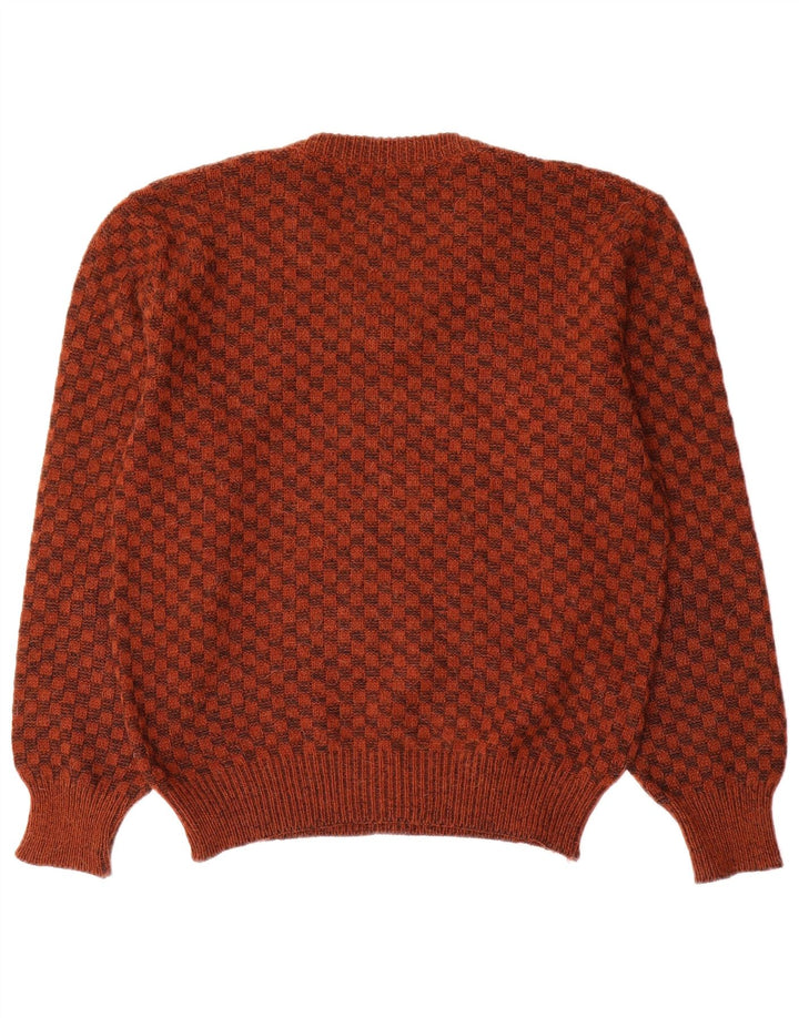 Vintage hombres V-cuello jumper suéter pequeño marrón geométrico