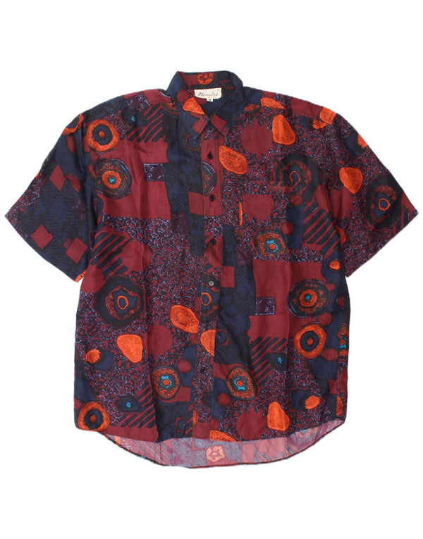 Camisa vintage de manga corta para hombre de seda geométrica multicolor mediana