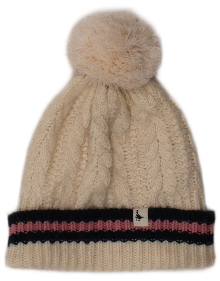 JACK WILLS Womens Graphic Bobble Hat One Size Off White Striped Winter