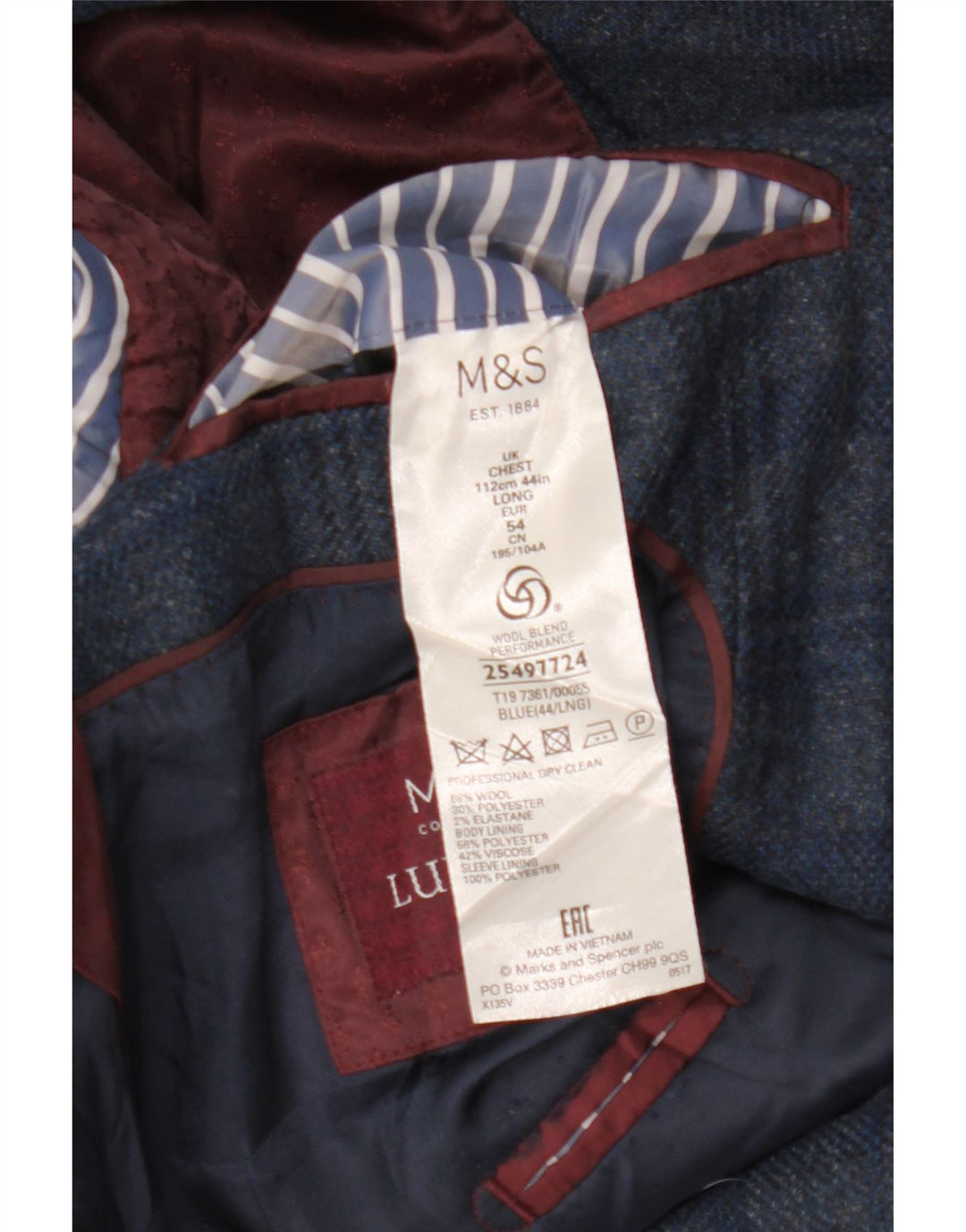 Marks & Spencer Chaqueta tipo blazer de 2 botones para hombre UK 44 2XL Lana a cuadros azul