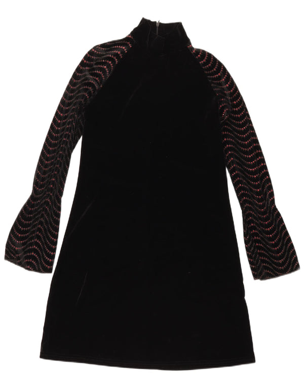 Vintage mujer manga larga terciopelo A-Line vestido Reino Unido 12 Chevron negro medio