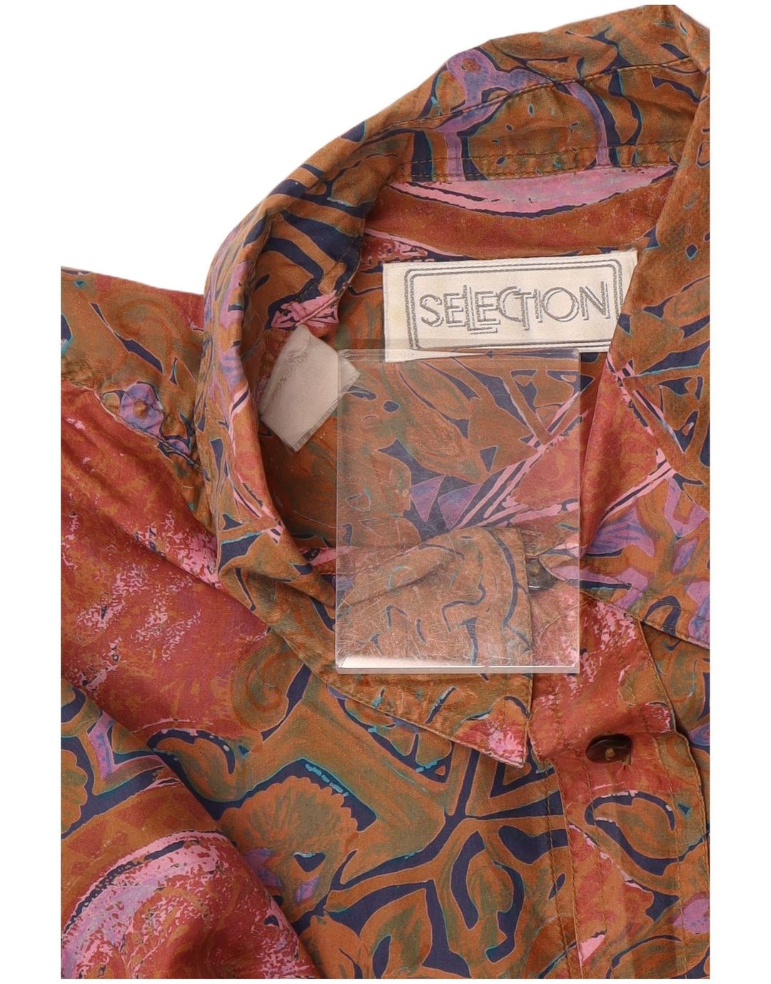 Camisa vintage con patrón abstracto para hombre XL Seda naranja