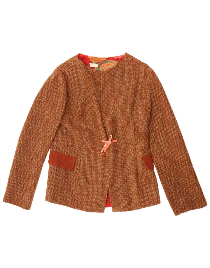Fatto a Mano Chaqueta Blazer para Mujer UK 8 Pequeña Lana Geométrica Marrón