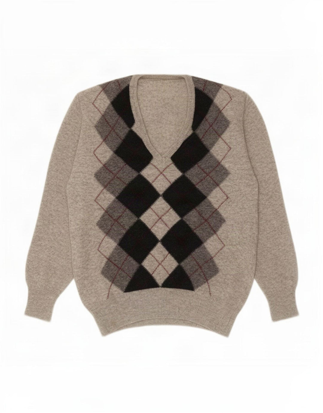 Vintage hombres V-cuello jumper suéter pequeño gris Argyle/Diamond