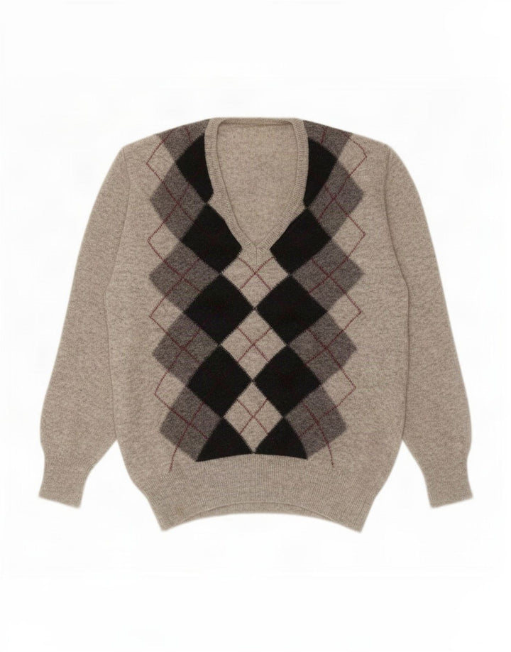Vintage hombres V-cuello jumper suéter pequeño gris Argyle/Diamond