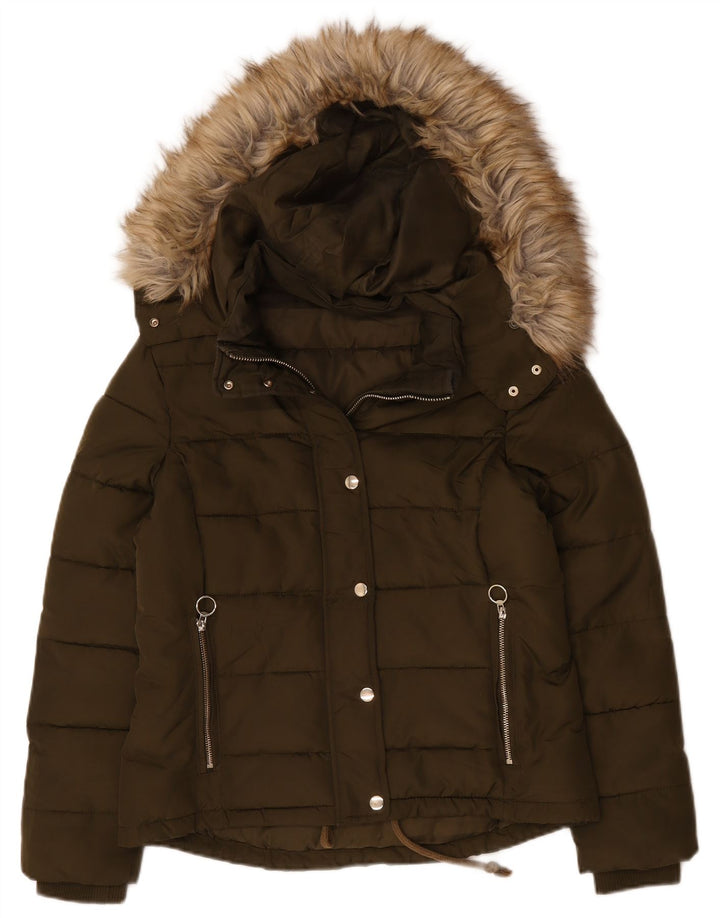 Topshop Chaqueta acolchada con capucha para mujer UK 12 Medium Caqui Poliéster