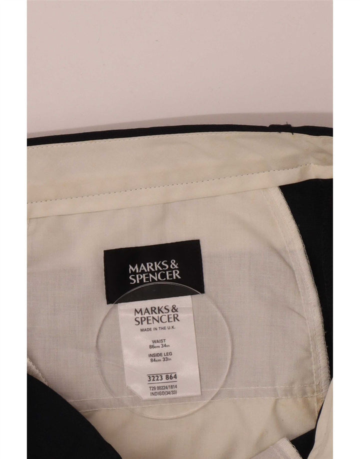 Marks & Spencer Pantalón de traje con pinzas para hombre W34 L33 Poliéster azul marino