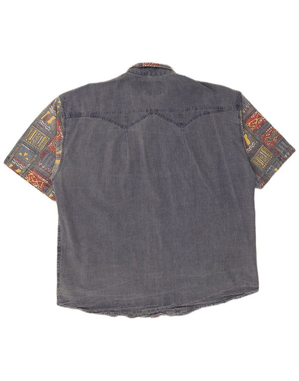 Vintage hombres manga corta camisa denim XL azul marino algodón geométrico