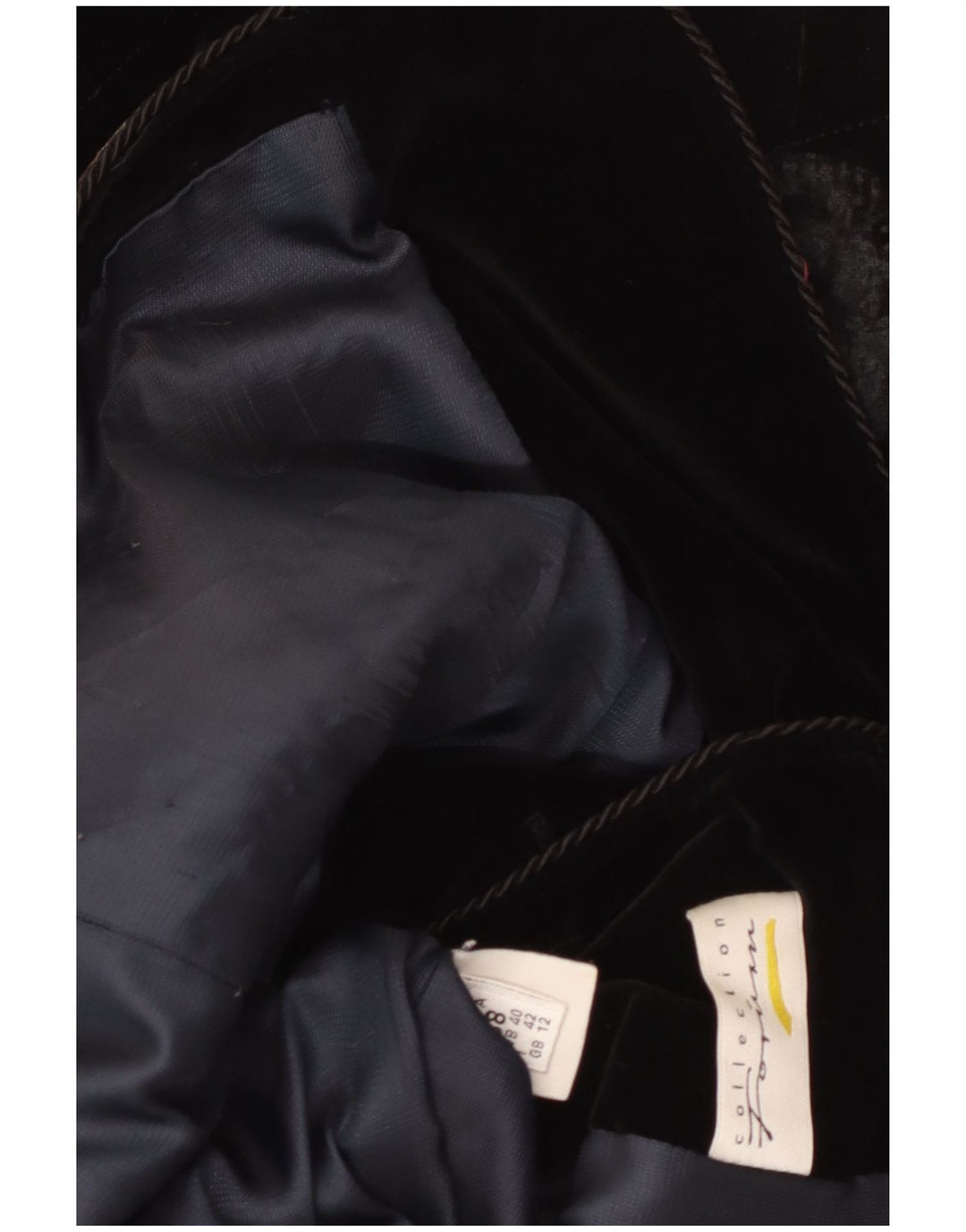 Vintage mujeres gráfico terciopelo abrigo Reino Unido 12 medio negro floral