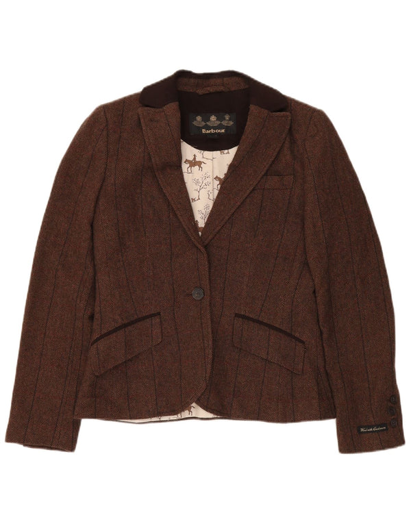 BARBOUR Chaqueta tipo blazer de 1 botón para mujer UK 10 Small Brown Herringbone Wool