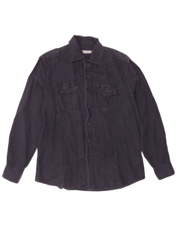 Camisa Militar Trussardi Hombre Large Lino Azul Marino