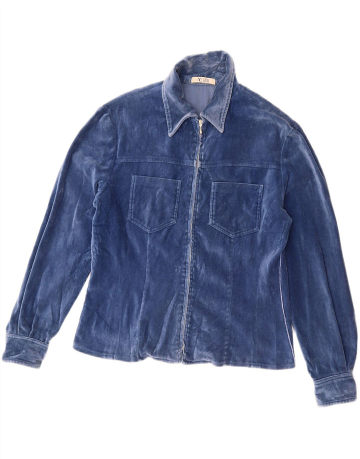 VINTAGE Camisa de terciopelo para mujer Reino Unido 14 Azul medio