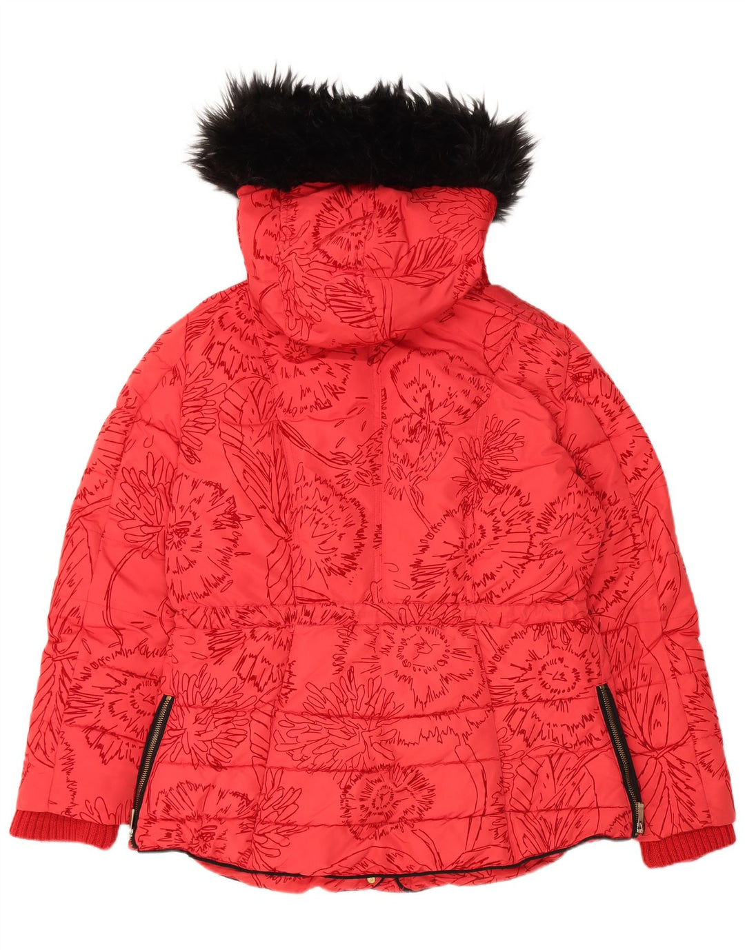 Desigual Mujer Chaqueta Acolchada Con Capucha EU 44 XL Poliéster Floral Rojo