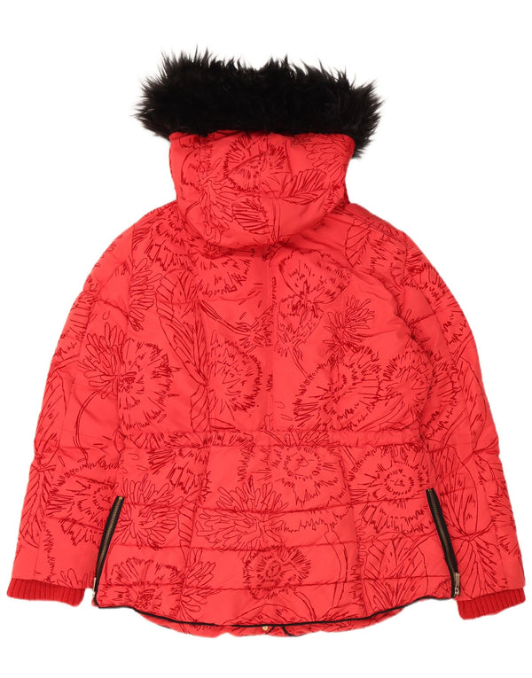 Desigual Mujer Chaqueta Acolchada Con Capucha EU 44 XL Poliéster Floral Rojo