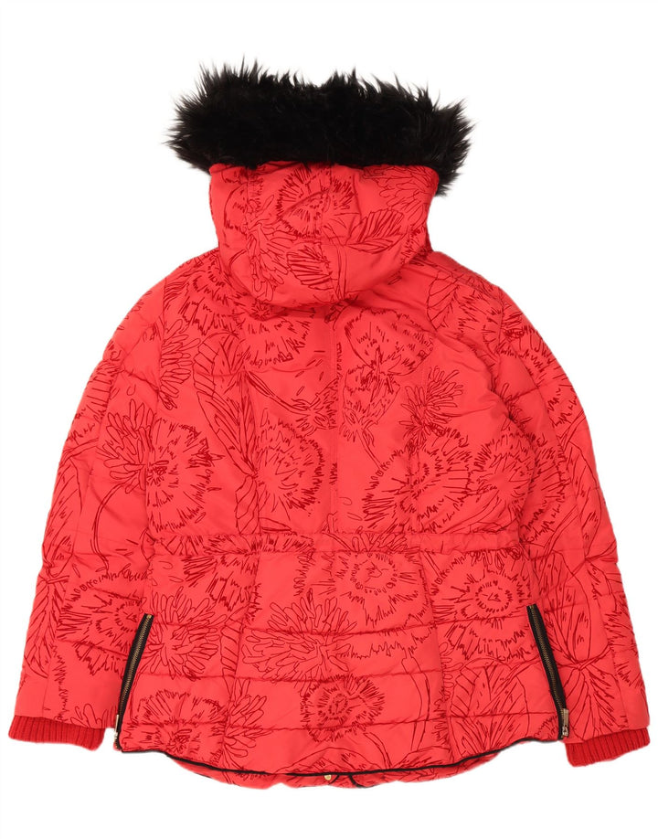 Desigual Mujer Chaqueta Acolchada Con Capucha EU 44 XL Poliéster Floral Rojo