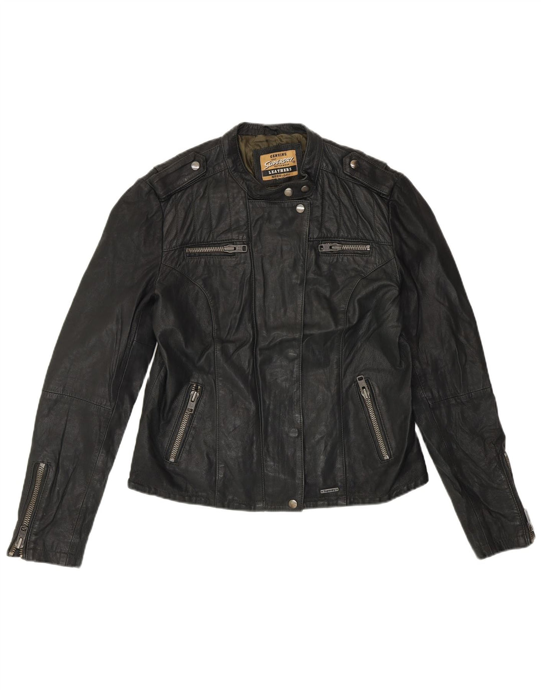 SUPERDRY Chaqueta de cuero para mujer UK 44 Medium Black Leather