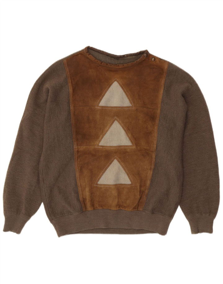 VINTAGE Hombres Botón Cuello Jersey Suéter Grande Marrón Geométrica Lana