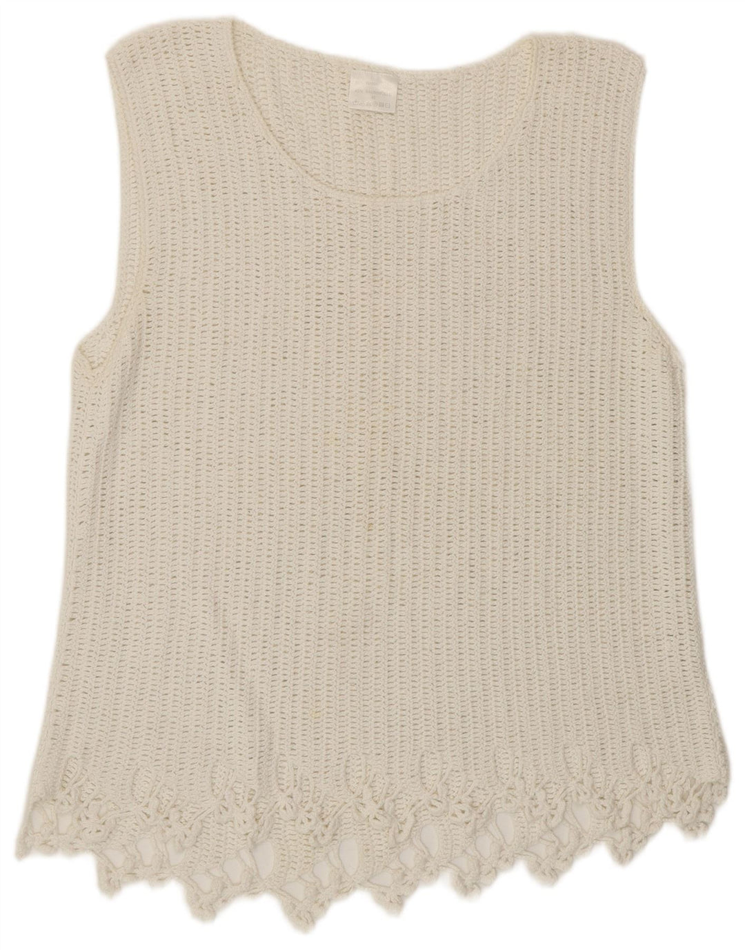 VINTAGE Chaleco de ganchillo para mujer Camiseta sin mangas EU 46 XL Ramio blanco