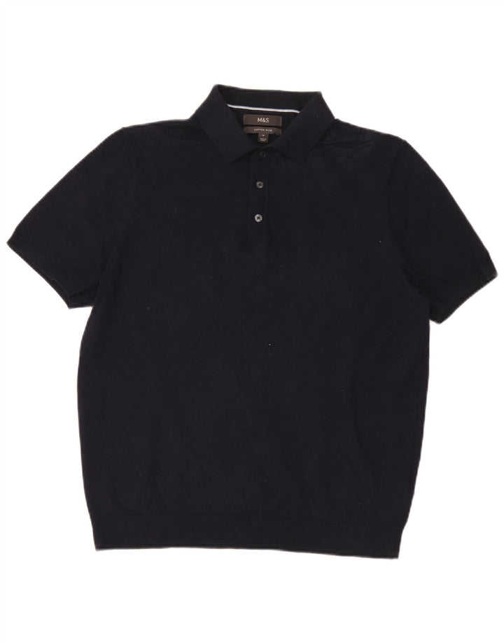 Marks & Spencer Suéter tipo jersey de manga corta con cuello tipo polo para hombre Azul marino mediano