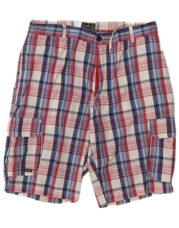 Brugi Pantalones Cortos Cargo para Hombre Grande W34 Algodón A Cuadros Azul