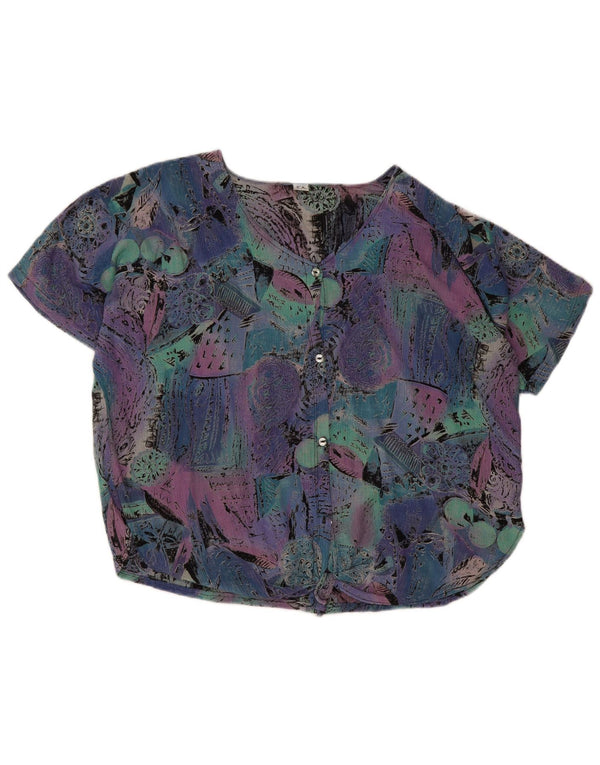 Vintage mujer patrón abstracto manga corta camisa blusa Reino Unido 20 2XL púrpura