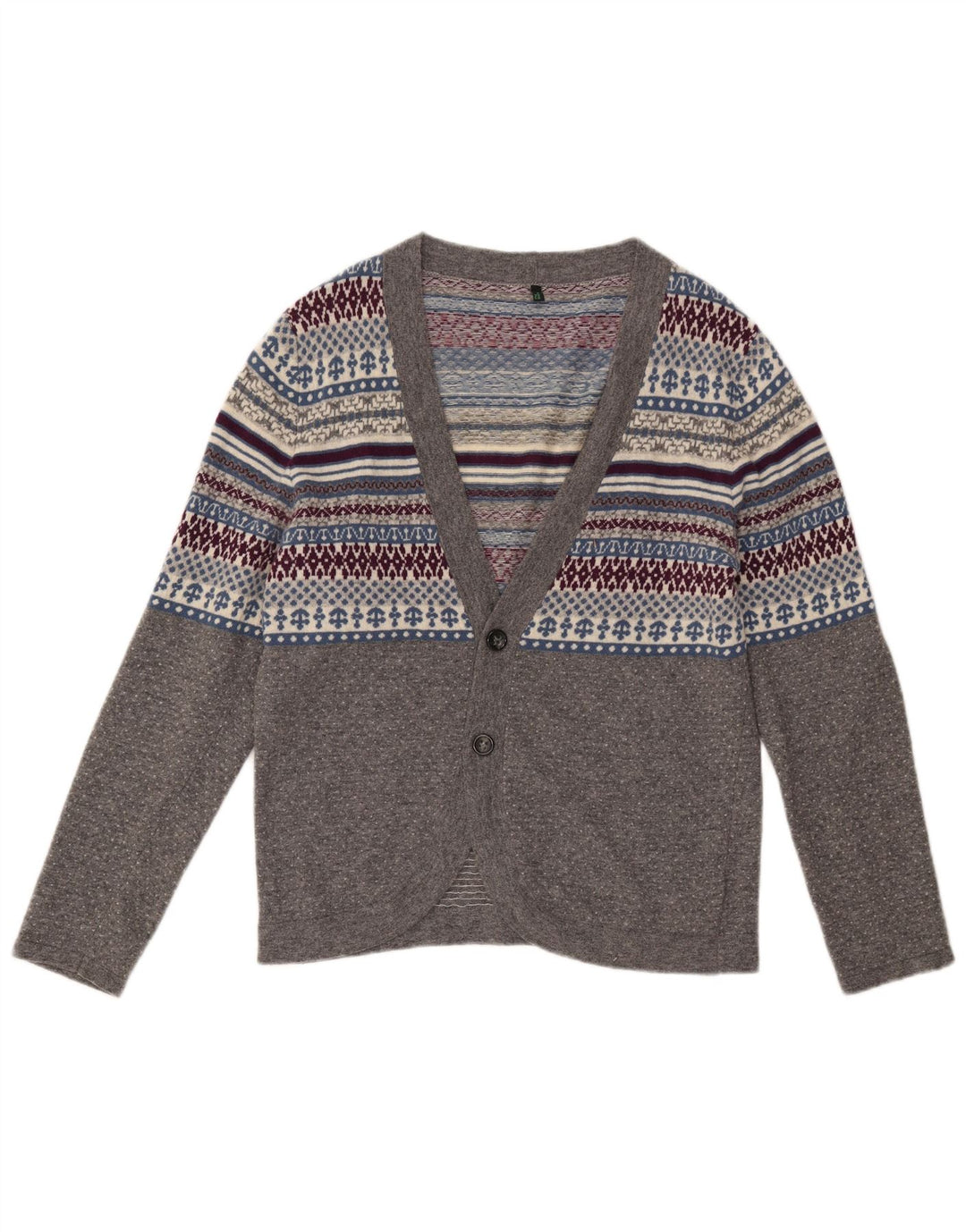 Benetton Cárdigan Mujer ES 44 Lana Fair Isle Gris Medio