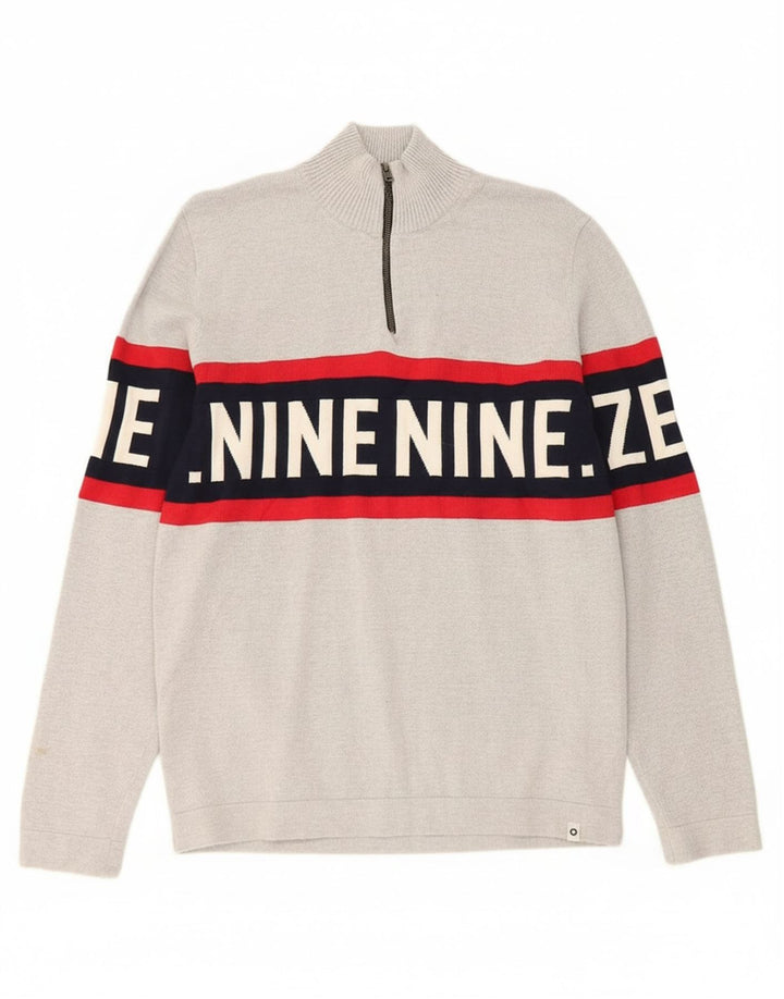 JACK & JONES Mens Graphic Zip Neck Jumper Sweater Large Grey Colourblock