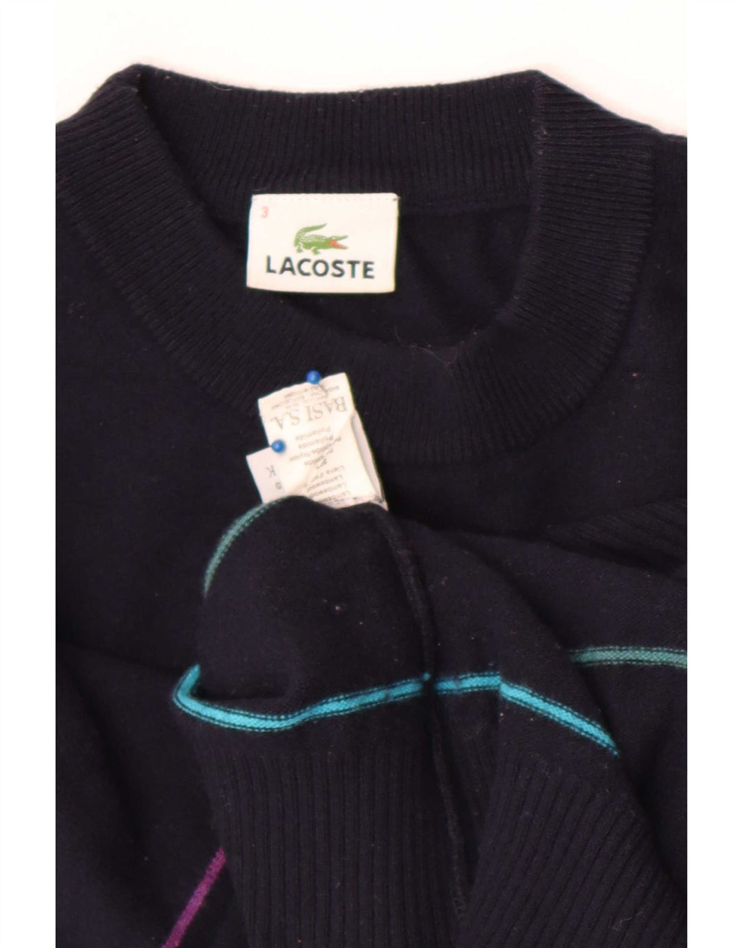 Lacoste Jersey de cuello redondo para hombre talla 3 pequeño azul marino a rayas