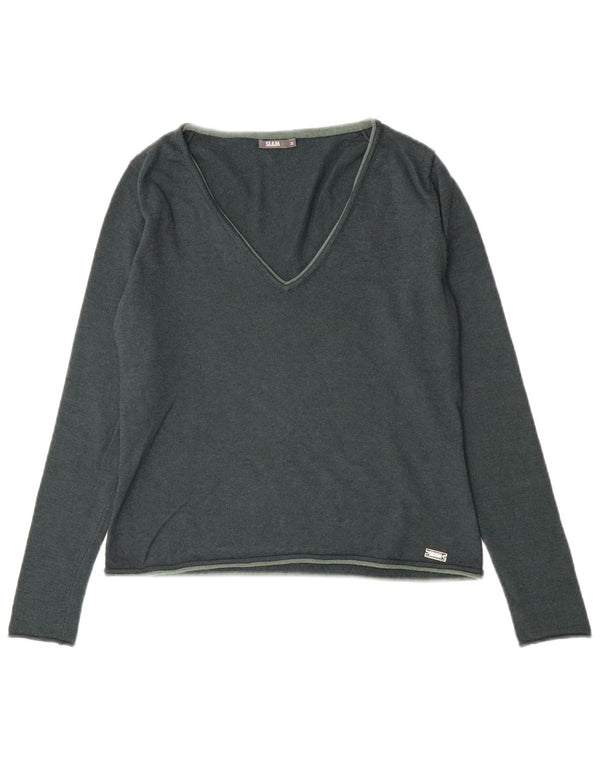 Slam Womens V-Neck Jumper Sweater UK 12 Medium Green Wool
