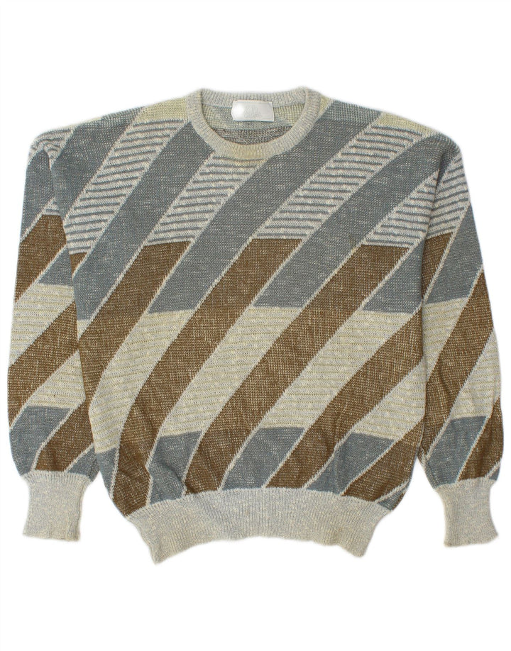 Vintage hombres cuello redondo jersey suéter medio multicolor algodón a rayas